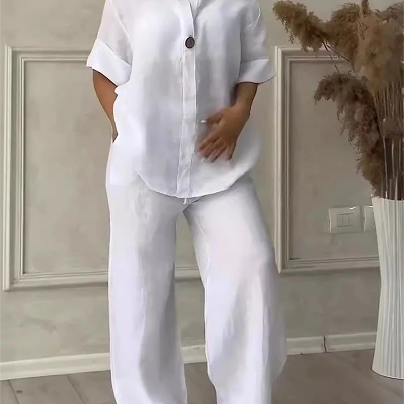 Casual Women Solid V Neck Set Fashion Autumn Spring Two Piece Cotton and Linen Sets Shirt Top Wide Leg Pant Long Sleeve Suit y240815