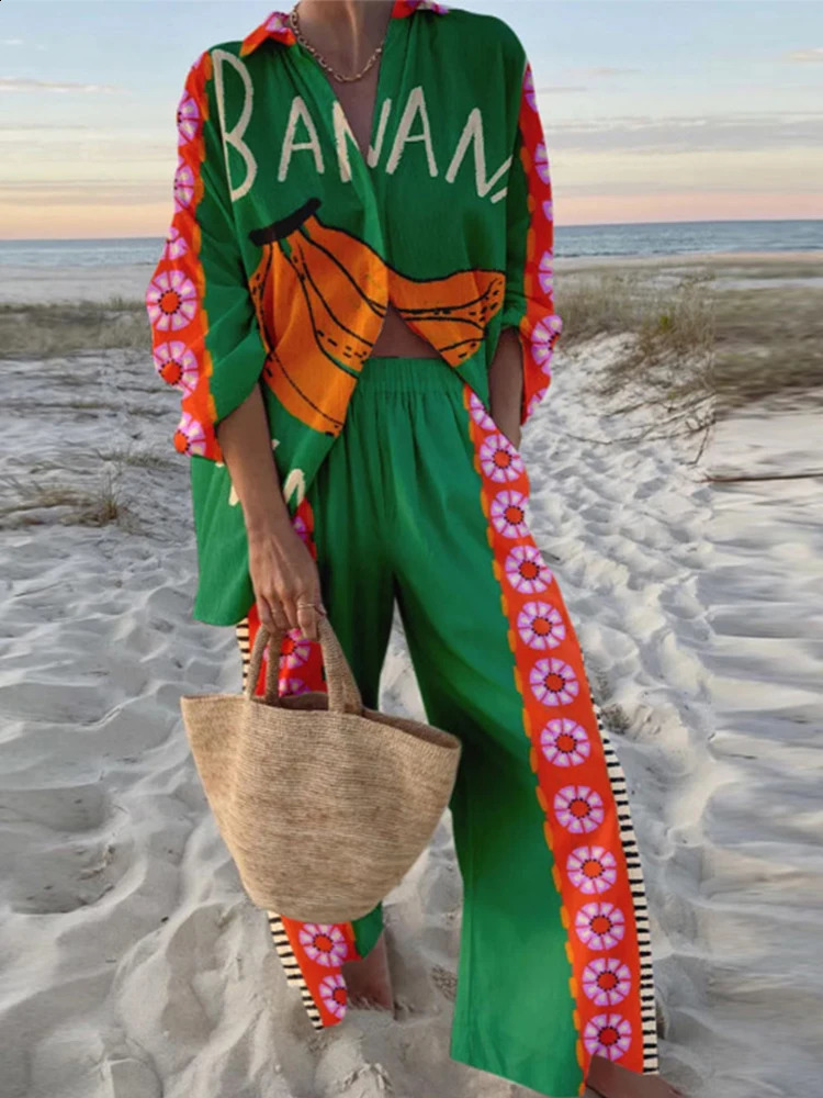 Printed Shirt Pant Set Women Fashion Matching Sets Loose Full Sleeve Lapel 2024 Summer Lady Beach Holiday Two-Piece Outfits 240805