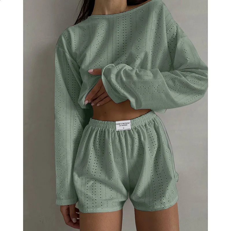 Womens Pajamas Set Spring Long Sleeve Tops With Shorts Sleepwear 2 Piece Loose Round Neck Home Wear Loungewear Pyjama Femme 240815