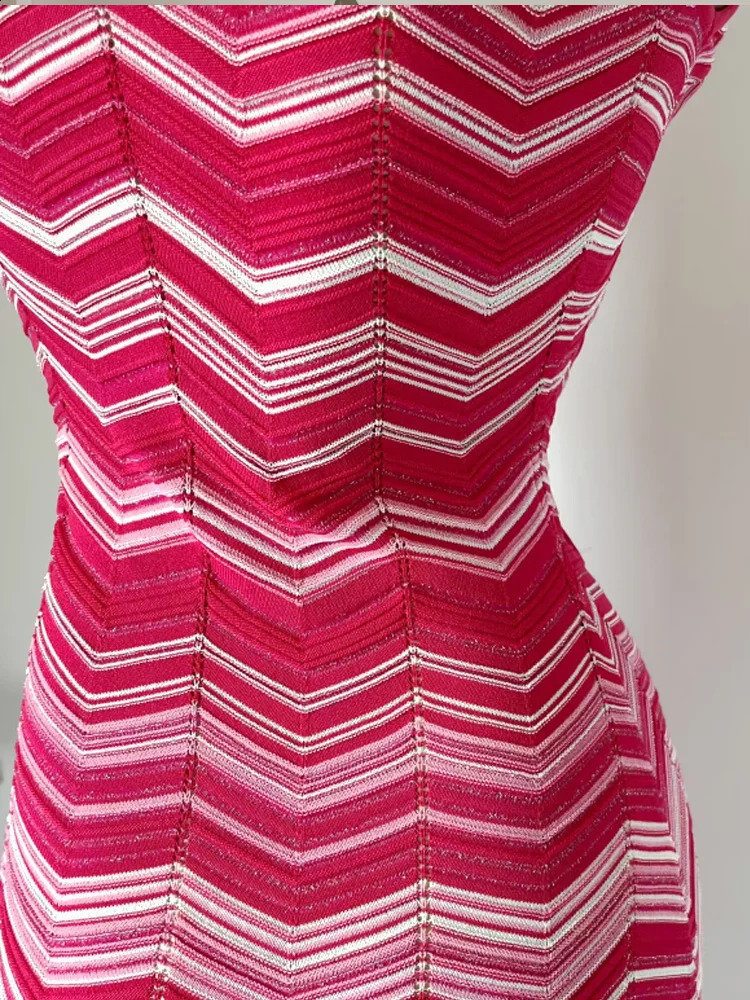 Micosoni Italian Knitted Style Dress Small Cut Wave 3D Stripes Thin Gold Thread Sleeveless Slim fit Womens S-L 240815