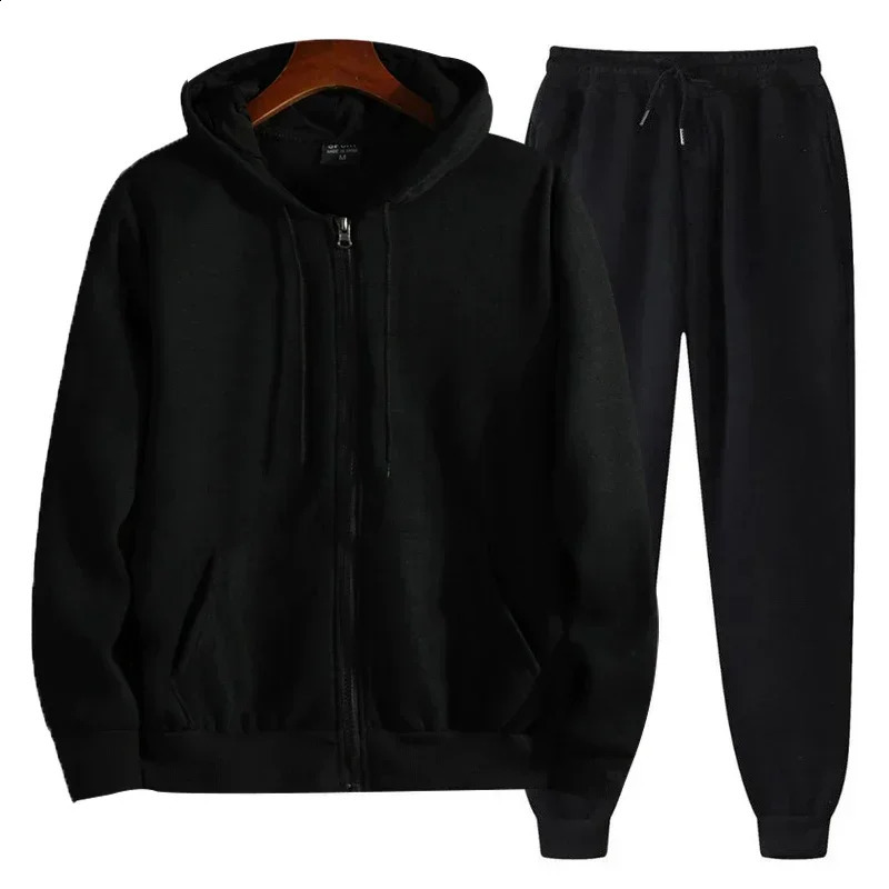 Mens Solid Set Zipper HoodiePants Spring/Autumn Casual Fitness Sports Elastic Mens Clothing Set Drawstring Pants 240827