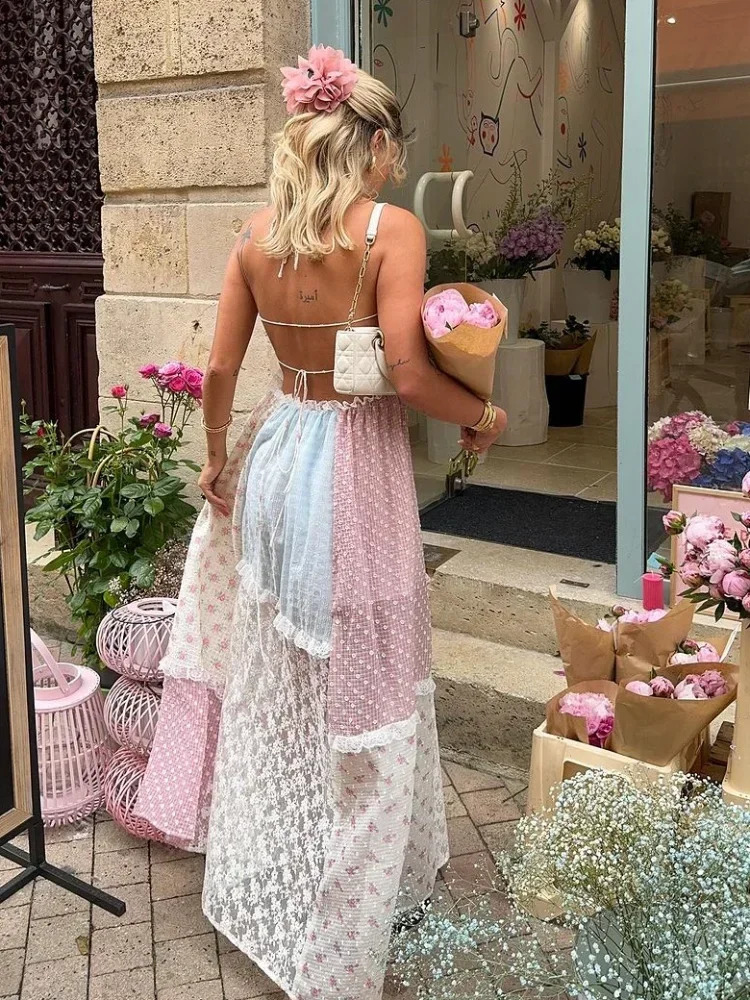 Sweet Print Patchwork Lace Halter Maxi Dress For Ladies Sexy Backless Ruffled Sleeveless Aline Dresse Street Vestidos 240816