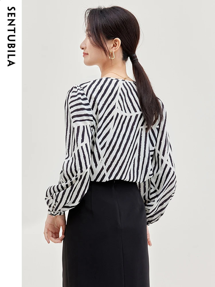 SENTUBILA Womens Elegant Printed Chiffon Top and Fashion Comparison Striped Round Neck Puff Sleeves Loose Autumn Shirt 240814