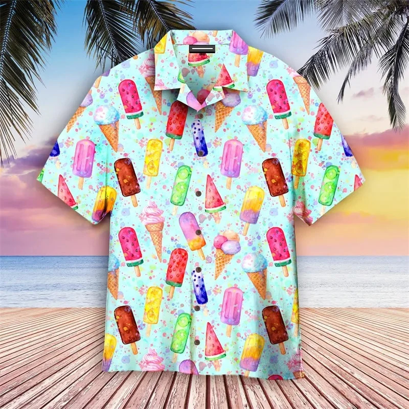 Summer Ice-cream Mens Holiday Lapel Camisa Oversized Hawaiian Shirts 3d Print Fashion Men Women Beach Short Sleeve Blouse Tops 240816