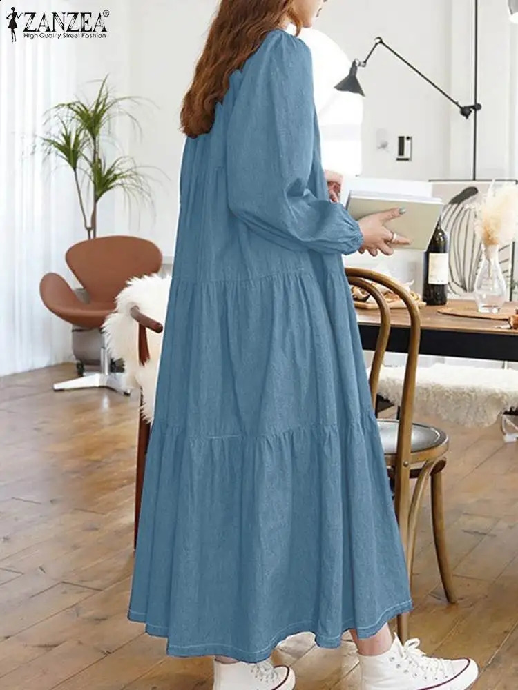 Oversized Women Denim Long Dresses ZANZEA Fashion V-neck Solid Robes Korean Fashion Long Sleeve Vestidos Casual Autumn Dresses 240816