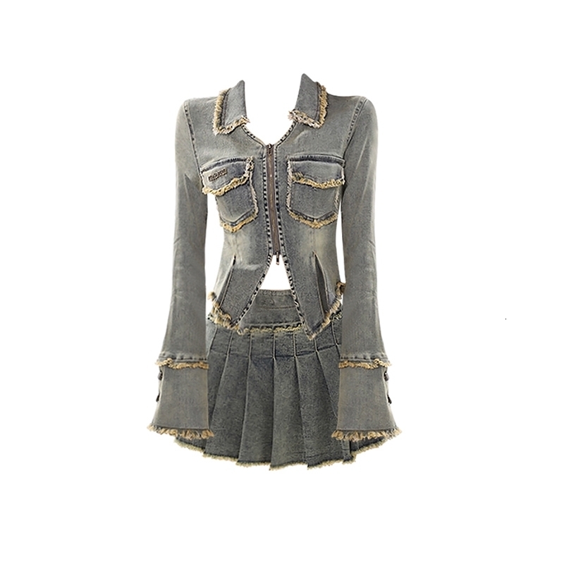 Womens Two Piece Suit Vintage A-Line Mini Denim Skirt and Long Sleeve Shirt Harajuku Y2k Skirt Sets 2000s Clothes Summer 240815