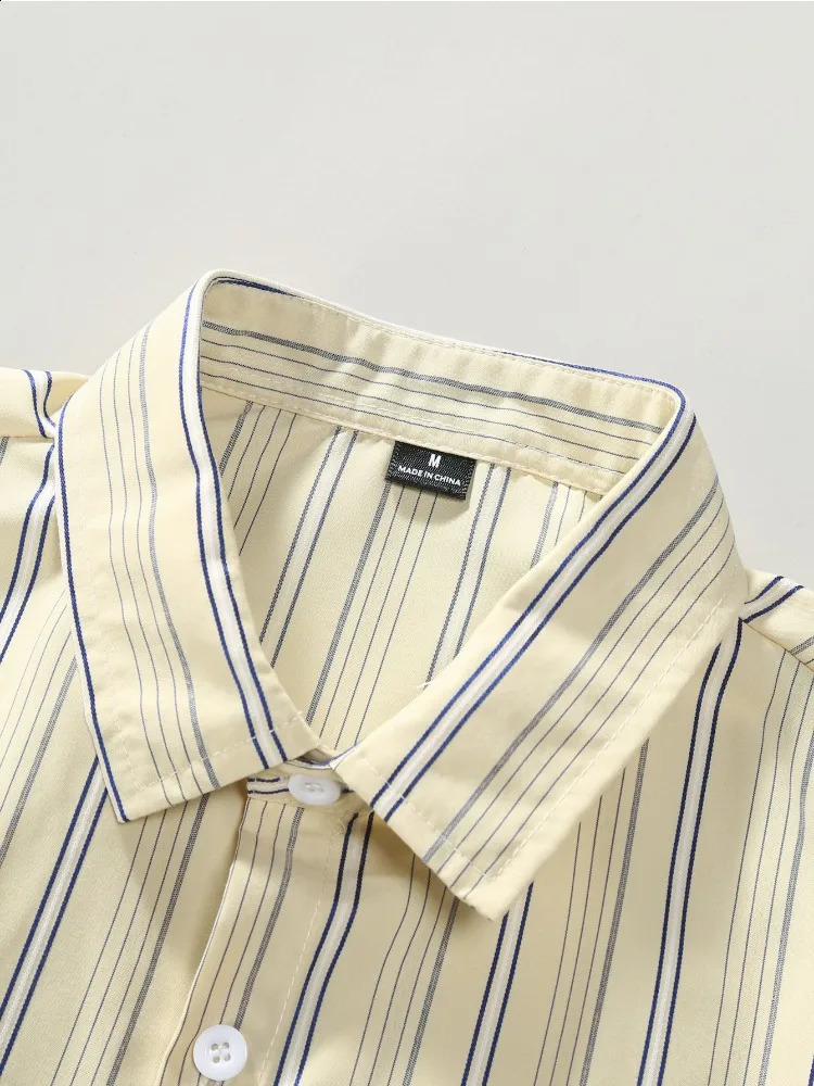 Mens Vertical Stripes Button Up Short Sleeves Casual Shirt Light Yellow Basic For Summer 240816