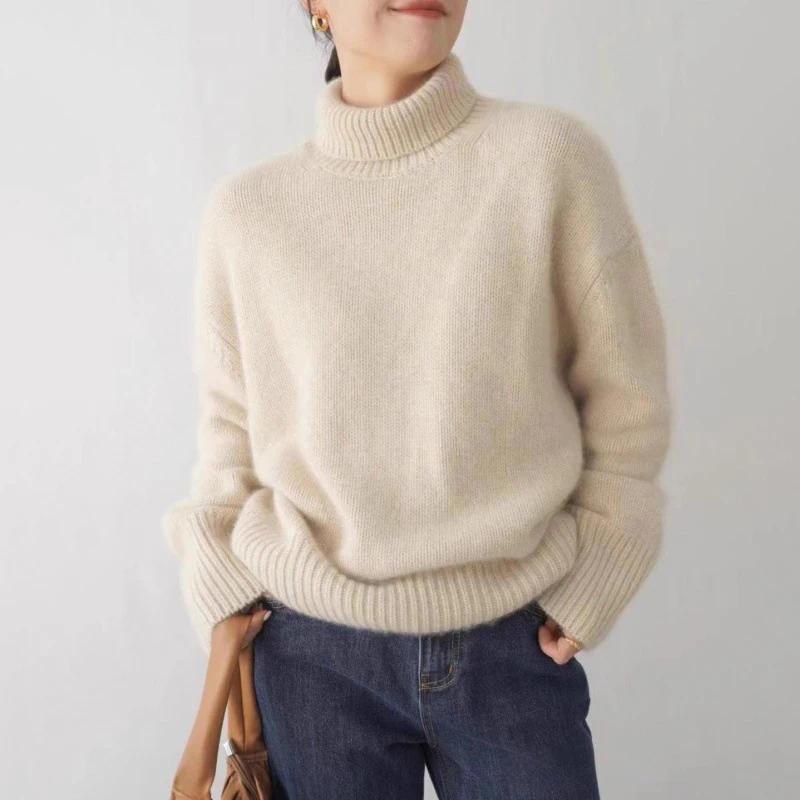 Womens Sweaters Cashmere Knitted Sweater For Women Elegant High Collar Turtle Neck Loose Thicken Warm Solid Color Knitwear Jumper L251018LODE