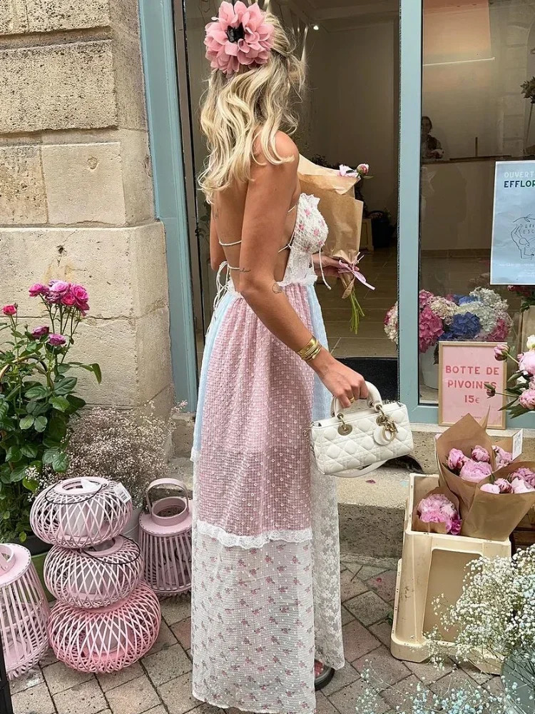 Sweet Print Patchwork Lace Halter Maxi Dress For Ladies Sexy Backless Ruffled Sleeveless Aline Dresse Street Vestidos 240816