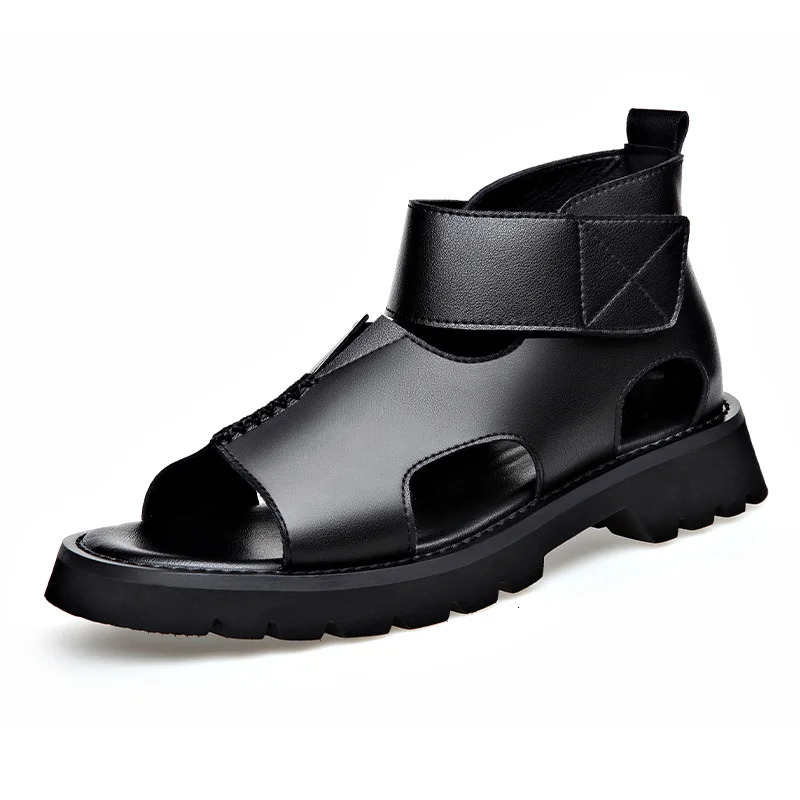 Cow Leather For Men 2024 Summer New Designer Big Size Increase Roman Beach Shoes Male Fashion Casual Black Sandals Man 241117