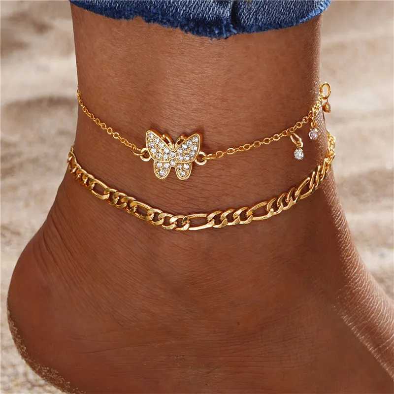 Bohemian zircon butterfly snake hollow pendant anklet womens summer beach gold multi-layer anklet bracelet womens leg chain W240815