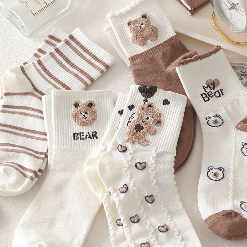 Coffee colored teddy bear socks children's mid tube ins trendy Korean version cotton socks Japanese cute student sports autumn and winter long so