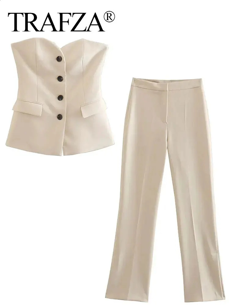 TRAFZA Women Elegant Solid Pant Suit Front Button Strapless Sexy Tank Tops Side Slit Trouser Female Fashion Streetwear Sets Y240829