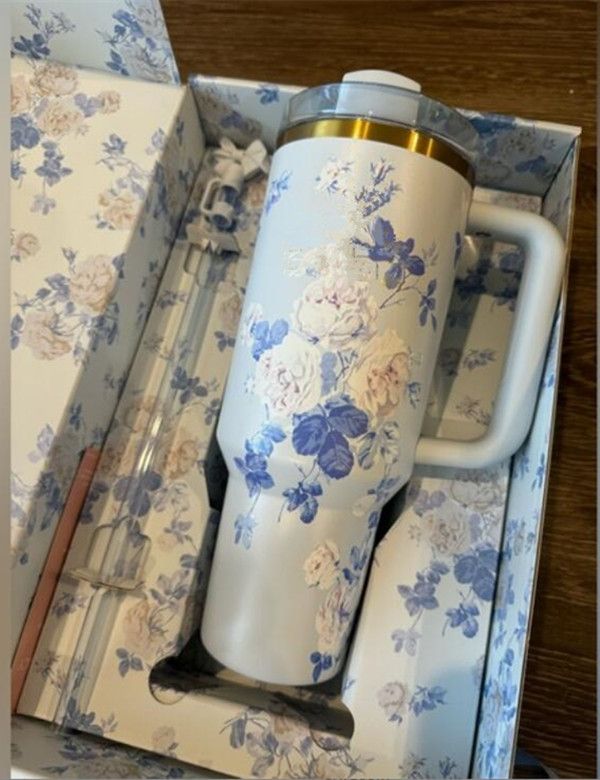 US STOCK Cobrand pink Tumblers Pink Rose Cups 40oz Stainless Steel cups with handle Lid And Straw Travel Car Mugs Clean Slate Brushstrokes Water Bottl