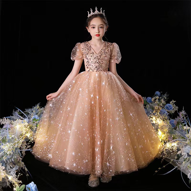2024 gold sequined Flower Girl tulle Sleeves Tiered Tulle Lace star blingbling Princess Queen Flowergirl Dresses Little Kids Party Gown for Marriage W