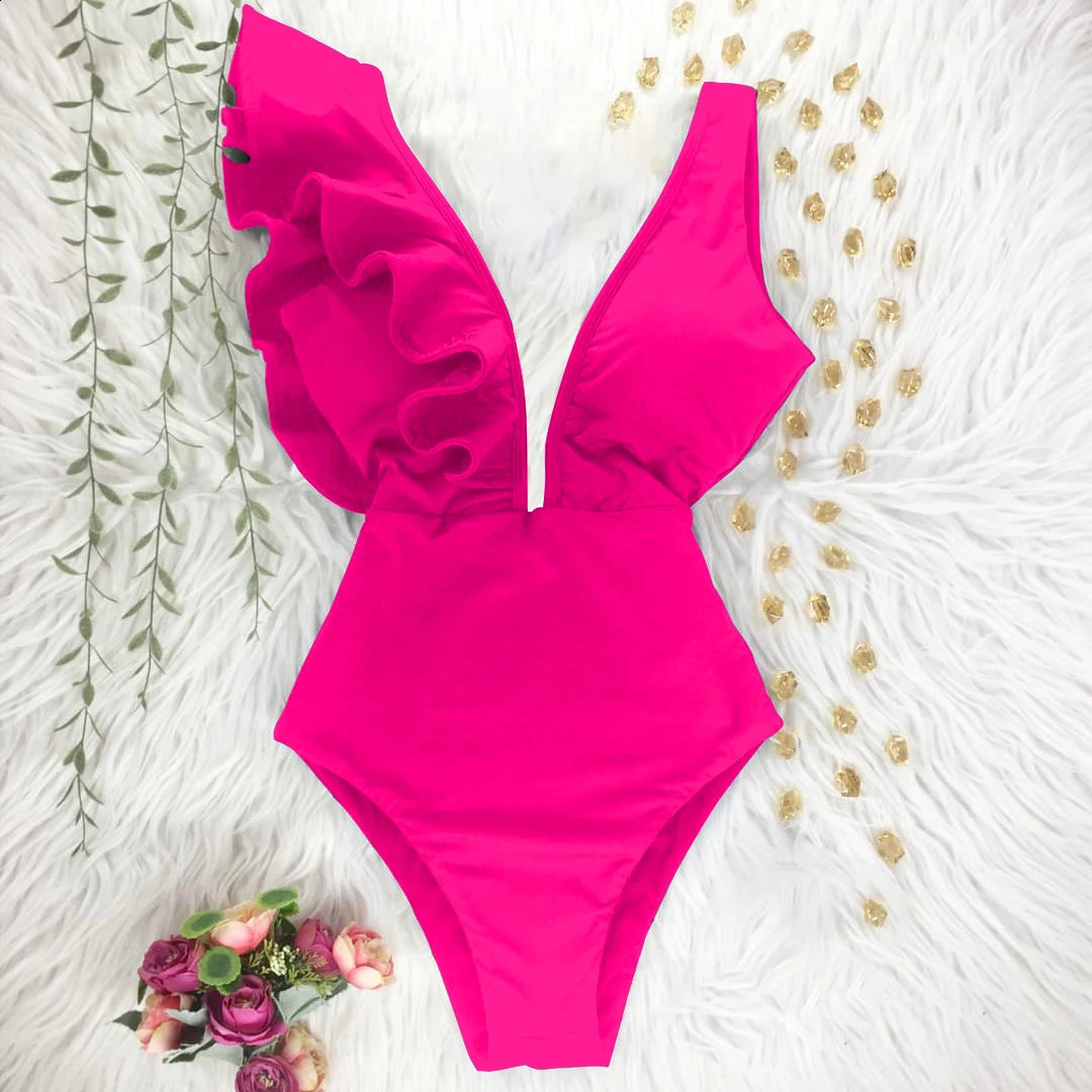 Womens swimsuit pleated onepiece sexy deep Vneck Monokini printed flower push up womens beach wear 240815