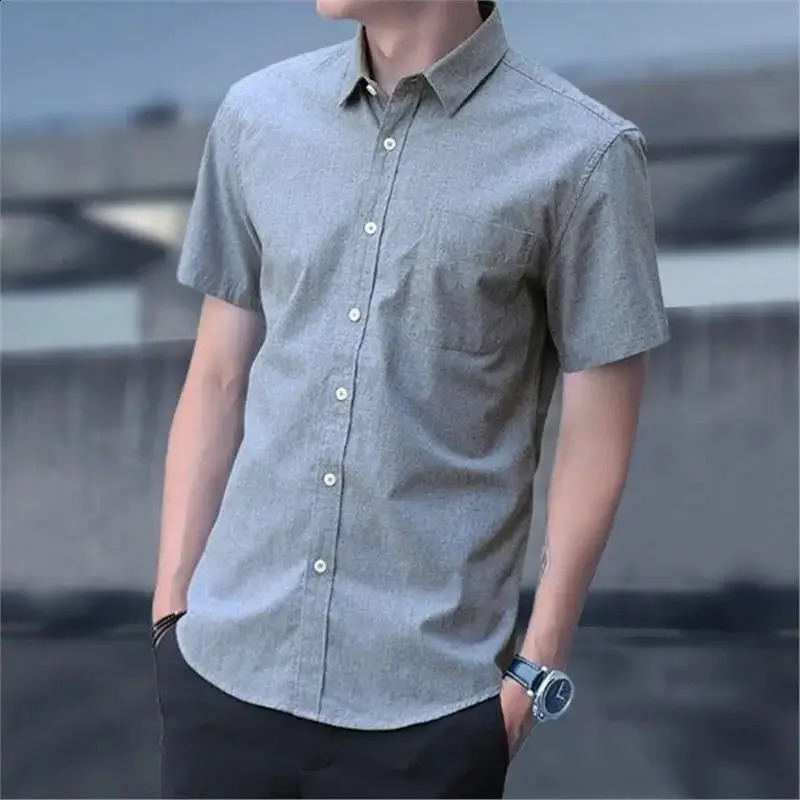 Mens Spring Autumn Long Sleeve Shirt Slimming Casual Business Oxford Cloth Grey Short Sleeve Shirt Square Collar 240816