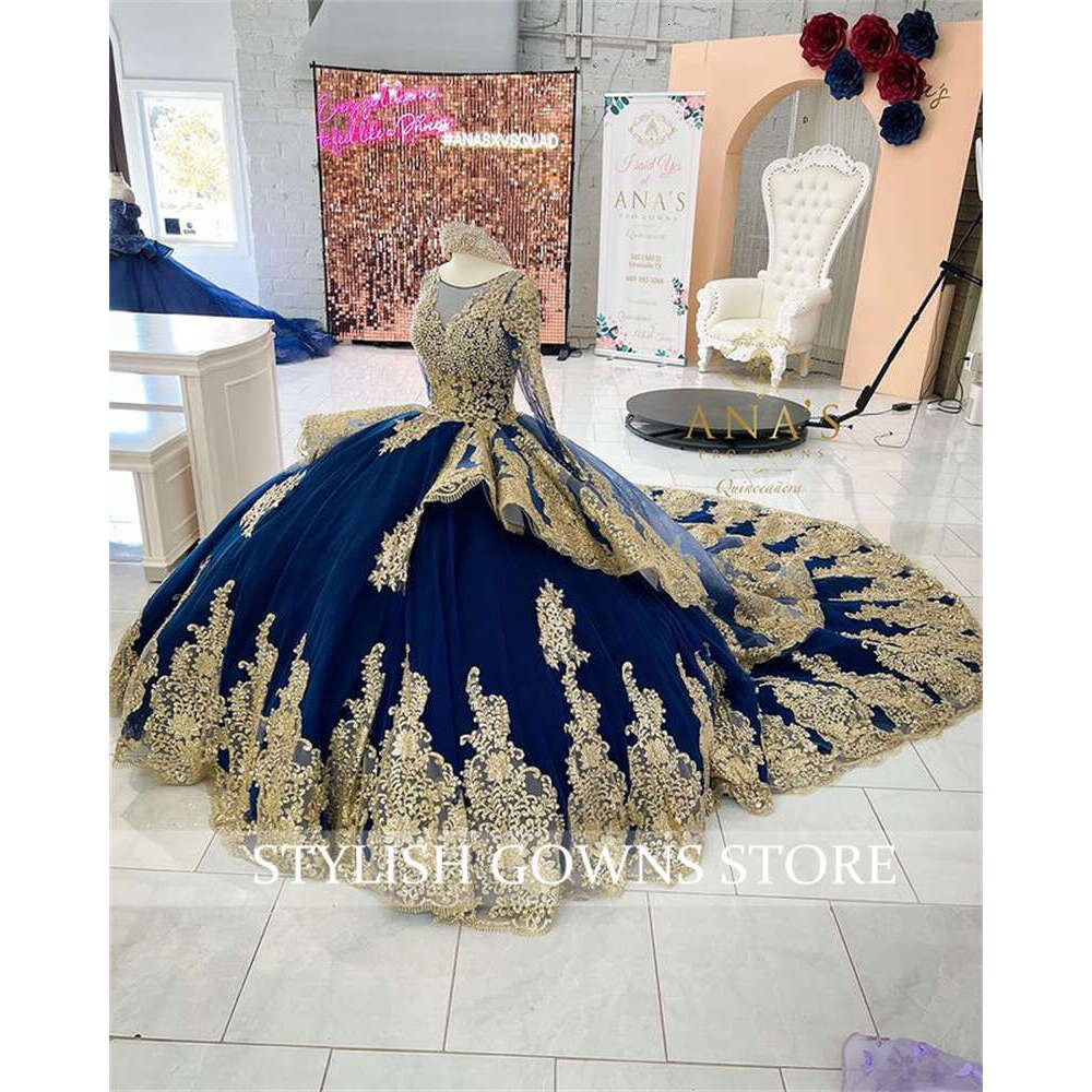 Princess Navy Blue Gold Lace Beaded Pearl Ball Gown Quinceanera Dresses Celebrity Party Prom Gowns Graduation Vestido De 15 Anos