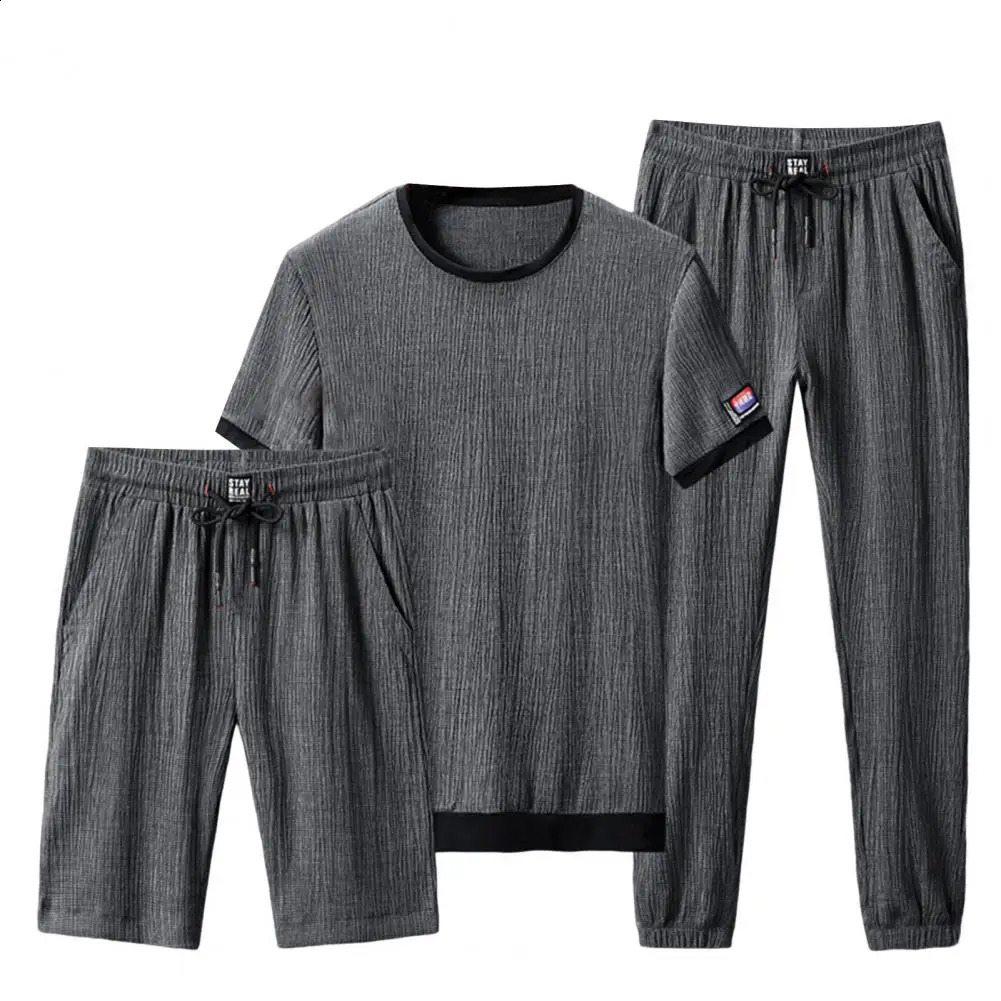 Mens 3 Piece Fashion Sports Suit Men T-shirt Shorts Trousers Ice Silk Gym Outfit Jogging Polyester Men Sportwear Set Streetwear 240821