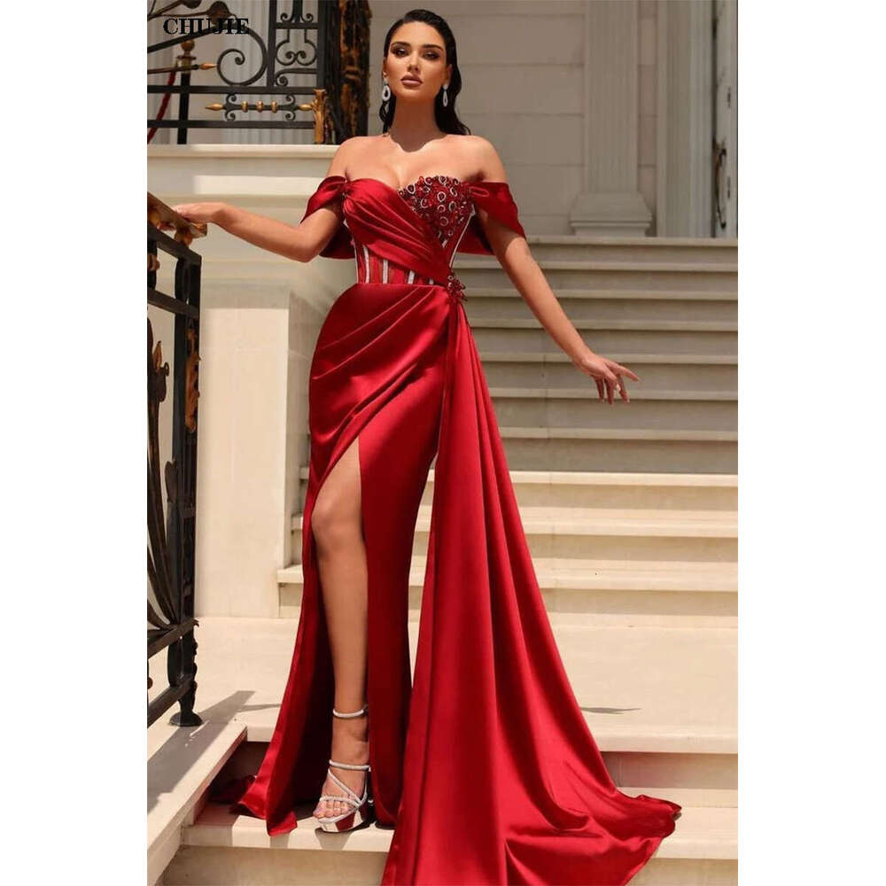Elegant Evening Dress for Party Ball Gown Off Shoulder Satin Beaded Side Split Pleats Arabic Dubai Red Prom Gowns