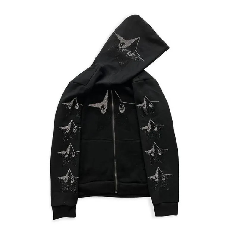 Y2K Star Rhinestone Hoodies Men Women Gothic Black Zip Up Oversized Sweatshirts Coat Vintage Harajuku Hooded Jacket Streetwear 240809