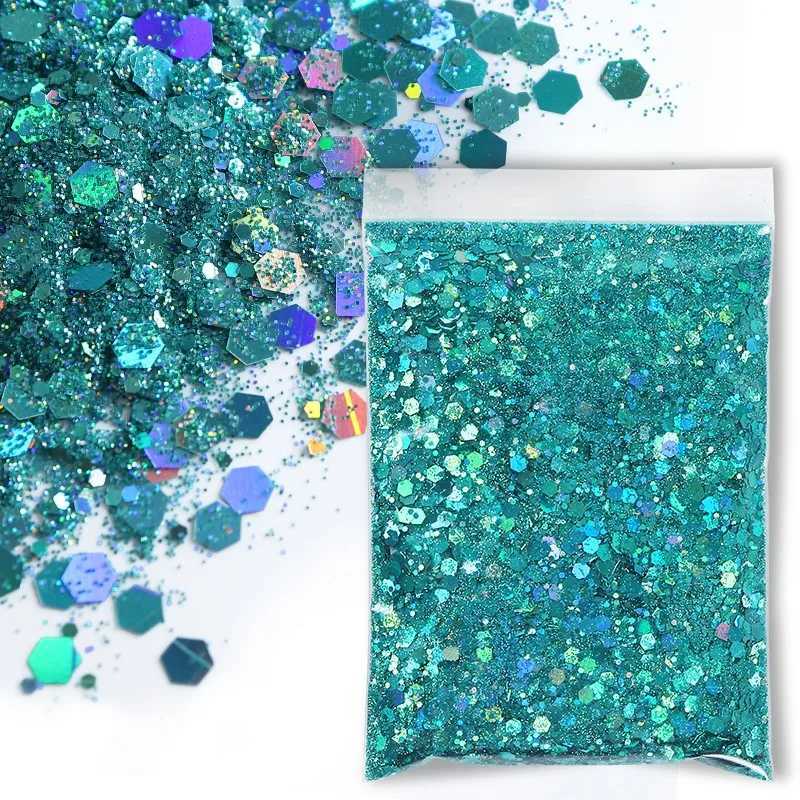 50g/Bag Holographic Green Nail Glitter Powder Mixed Hexagon Flake Sequins Nail Art Decorations for Manicure Paillette DIY DesignXJ240815