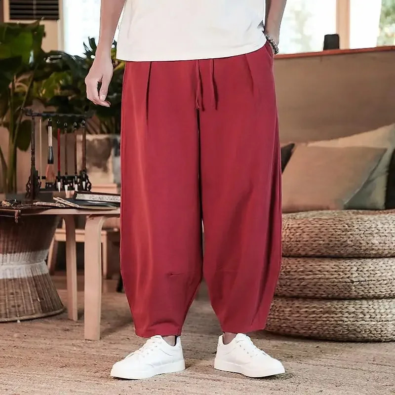 Mens Summer Chinese Style Linen Cropped Pants Loose Oversized Japanese Shorts 240816