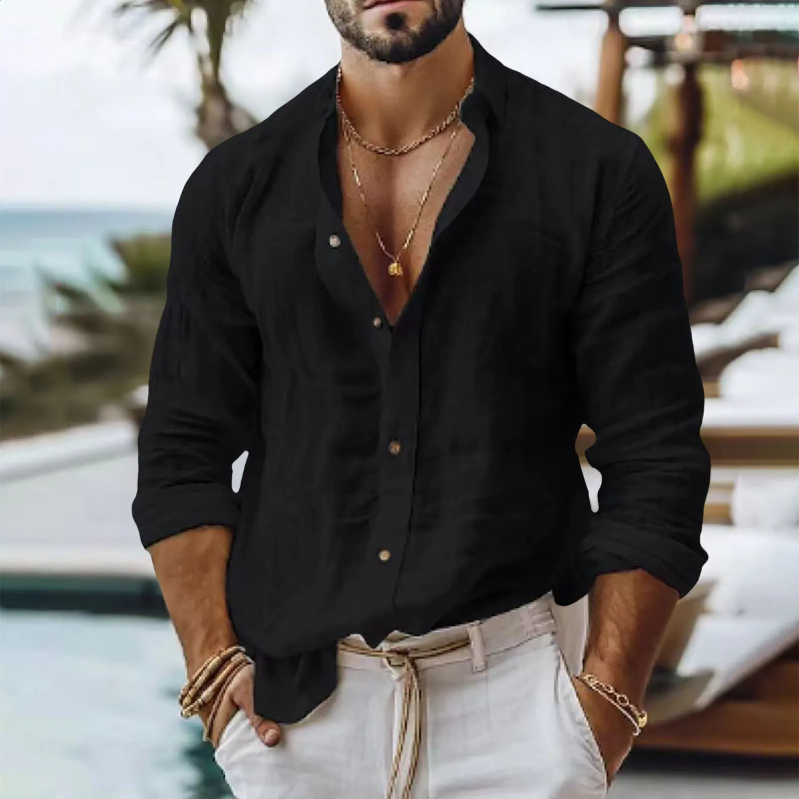 Mens Solid Colour Cotton Linen Shirt Casual Style Slim Fit Stand Collar Long Sleeve Business Casual Shirt Black Long Sleeved 240816