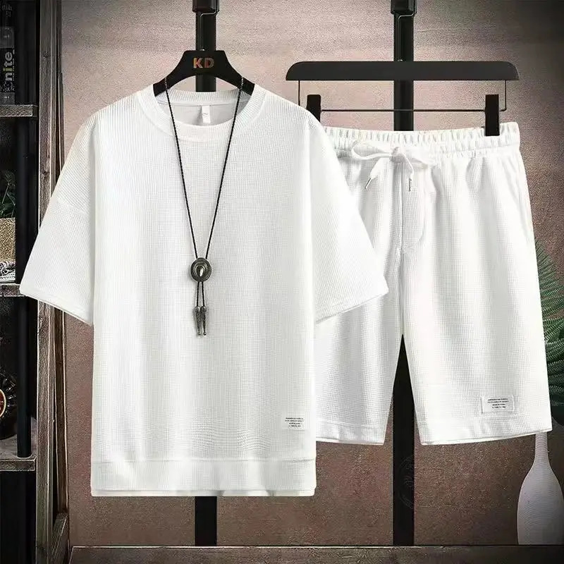 Solid color Waffle suit short sleevedmens short sleeved full set summer loose youth trend couple wearing casual sportswear S-4XL 240827