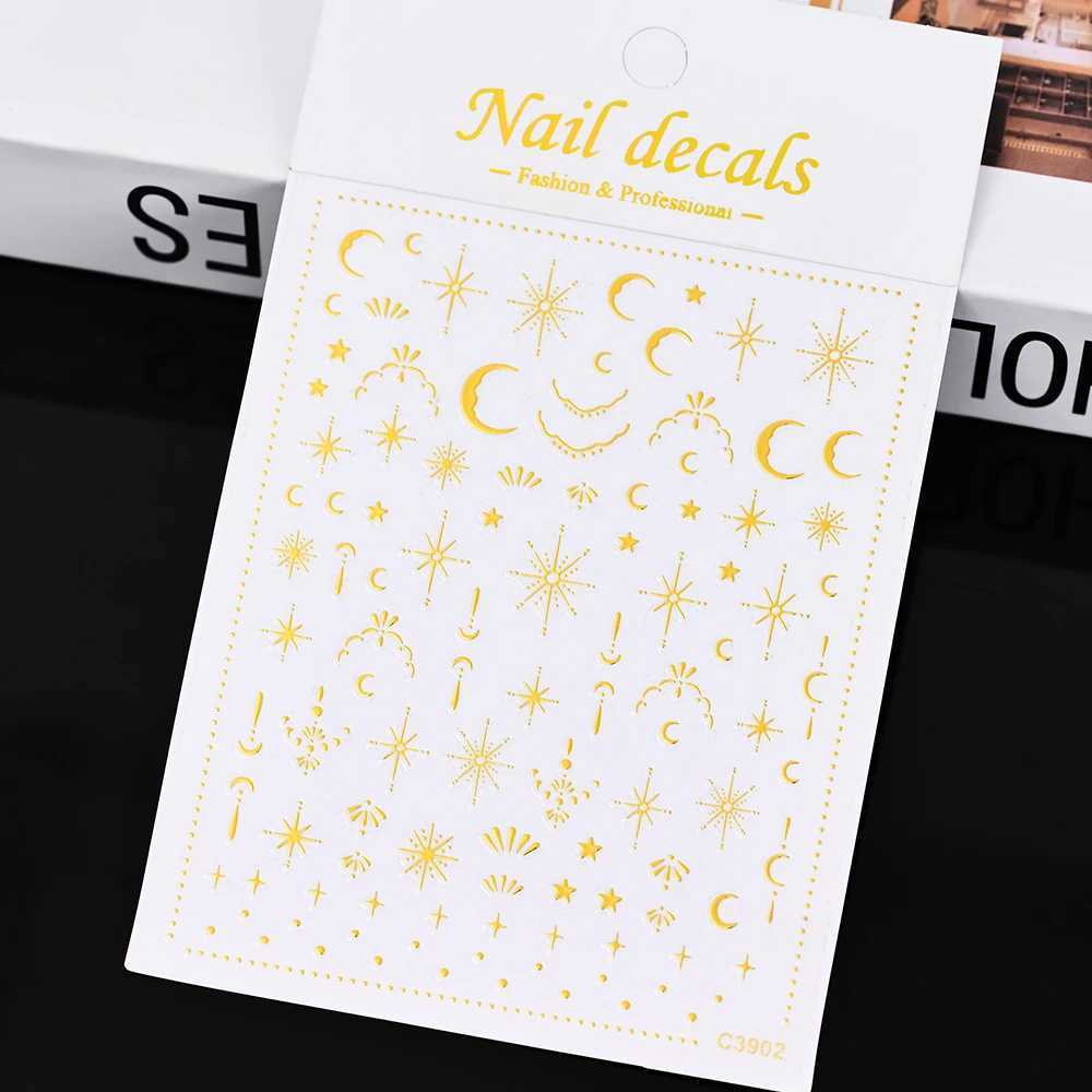 3D Gold Sun/Moon/Star Bronzing Nail Art Sticker 8*10cm Laser Star Moon Design Nail Decal Gold Silver Self-Adhesive Slider * XJ250120