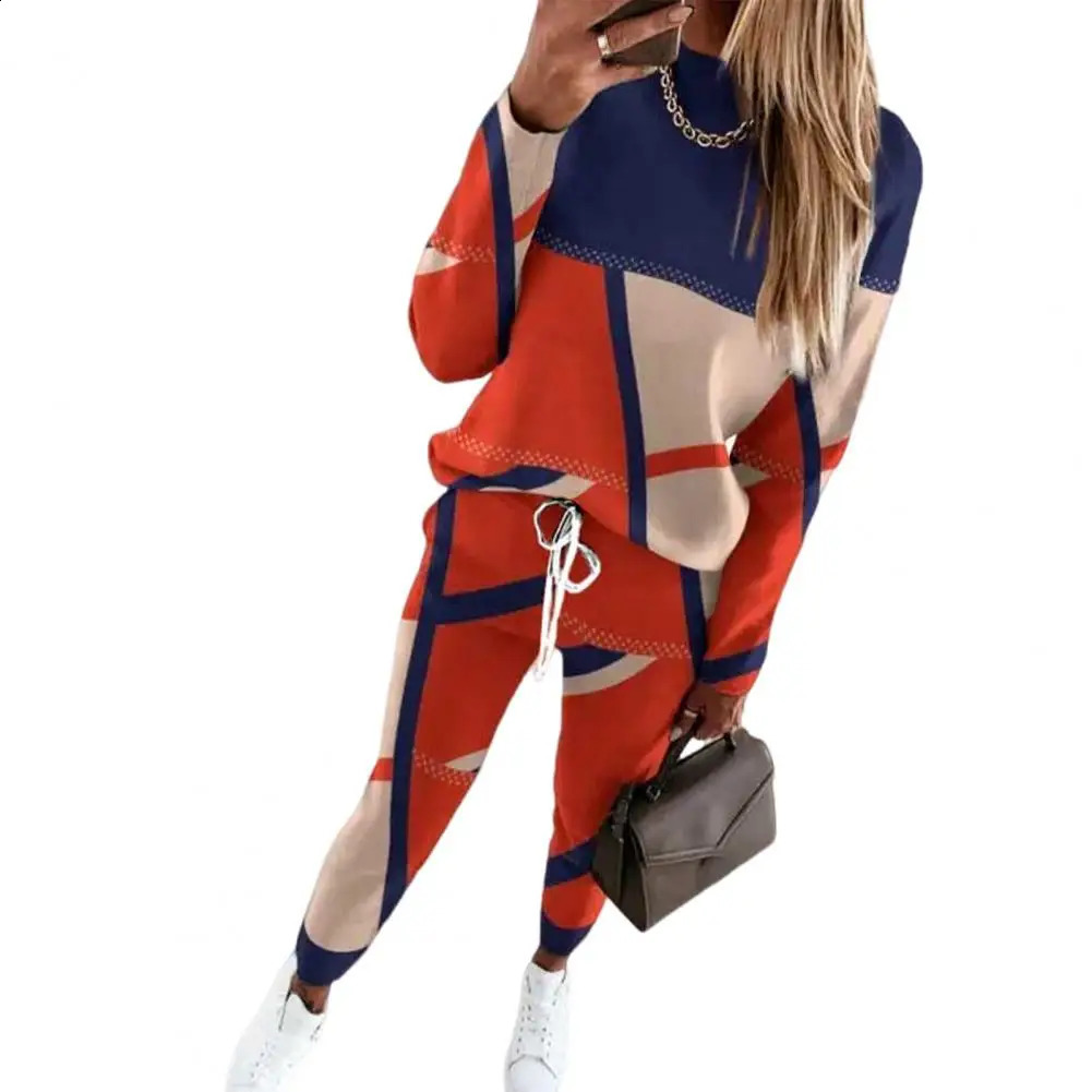 Women Suit Colorblock Womens Sweatshirt Pants Set Stylish Round Neck Elastic Waist Soft Sports Tracksuit for Fall Spring Lady 240809
