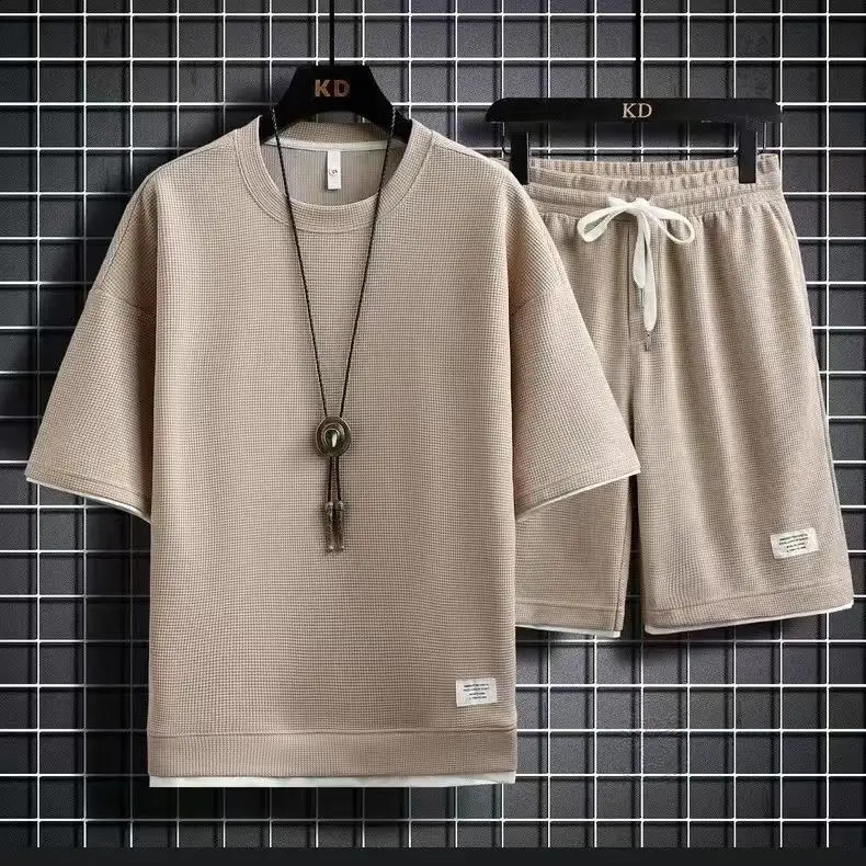 Solid color Waffle suit short sleevedmens short sleeved full set summer loose youth trend couple wearing casual sportswear S-4XL 240827