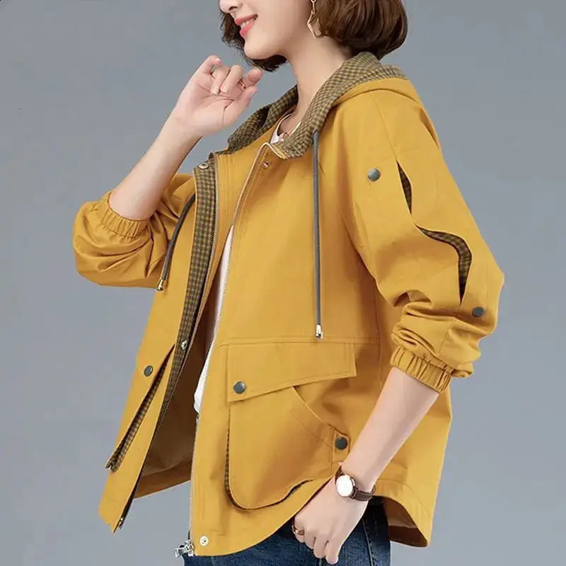 Womens short velvet autumn trench coat hooded casual plus size windproof top loose spring jacket womens M4XL 240814