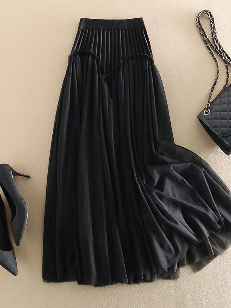 UCXQ Elegant Womens Clothing Lace Spliced Mesh A-line High Waist Khaki Black Fashion Skirts Female 2024 Spring Summer 23A7144 240815