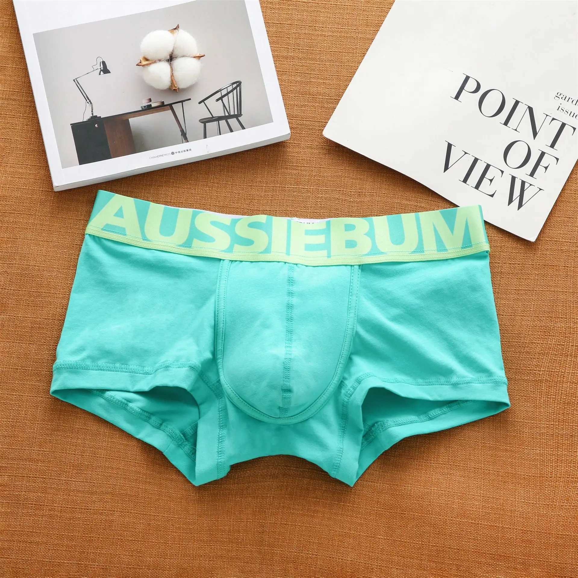 Aussiegum mens pure cotton underwear with low waisted letters for fashionable and comfortable sweat-absorbing boxer shortsXJ240815