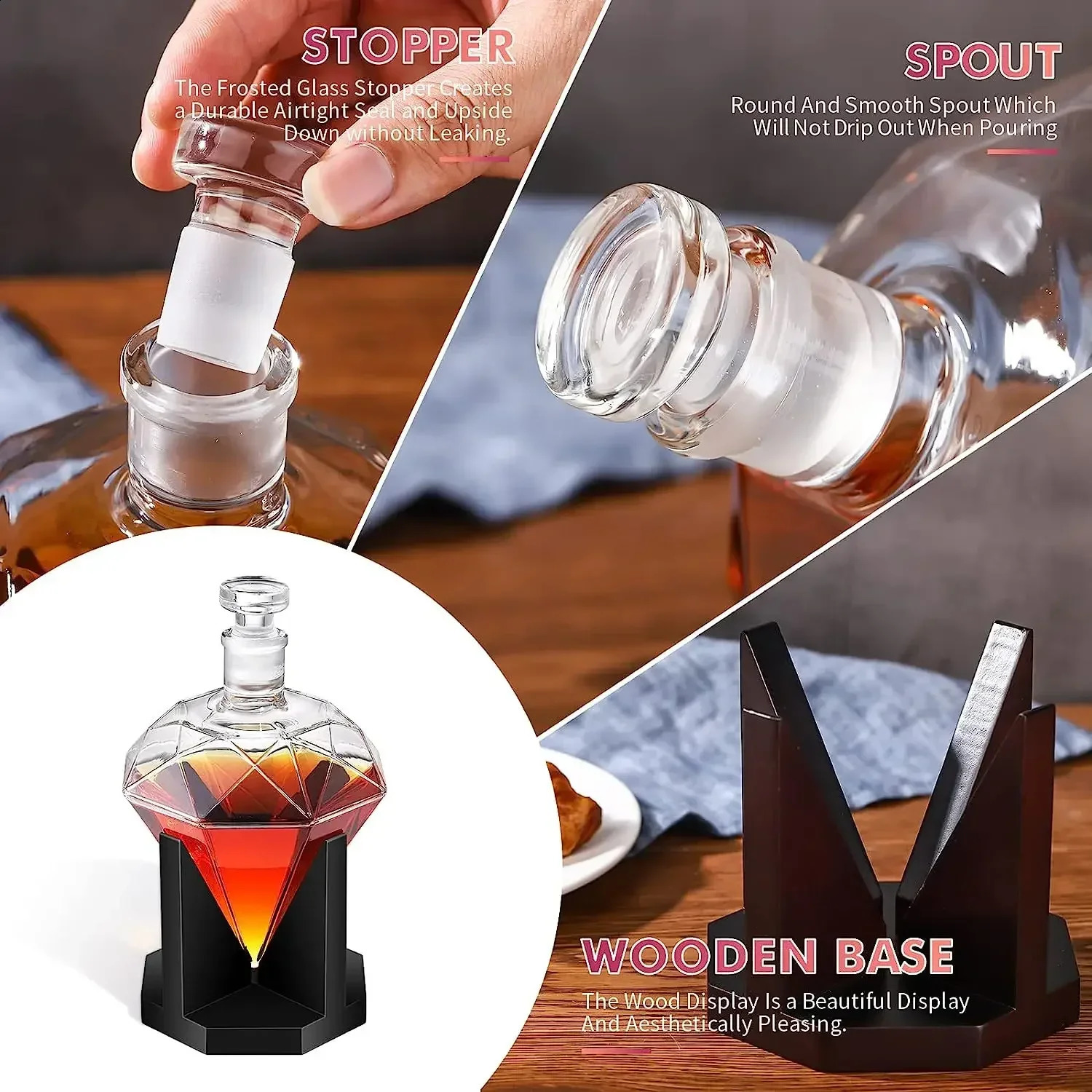 1000ml Whiskey Decanter glass diamond wine bottle with Holder Airtight Stopper Suitable for all kinds of alcohol Gift 240816