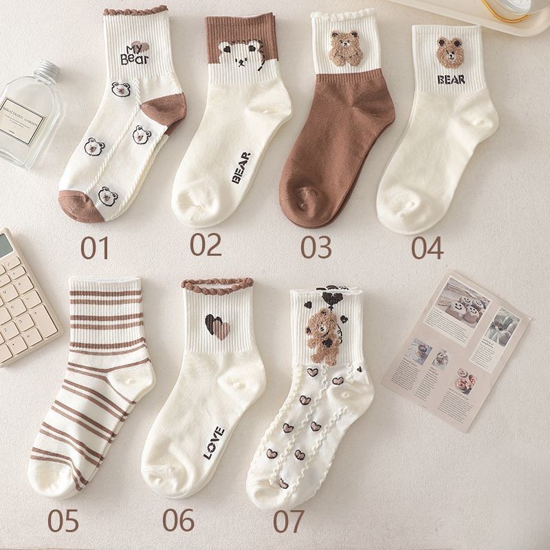Coffee colored teddy bear socks children's mid tube ins trendy Korean version cotton socks Japanese cute student sports autumn and winter long so