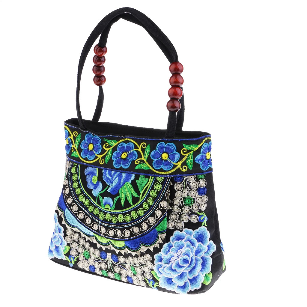 Flower Embroidered Travel Shoulder Bag - Bohemian Double sided Embroidered Flower Canvas Bag 240816