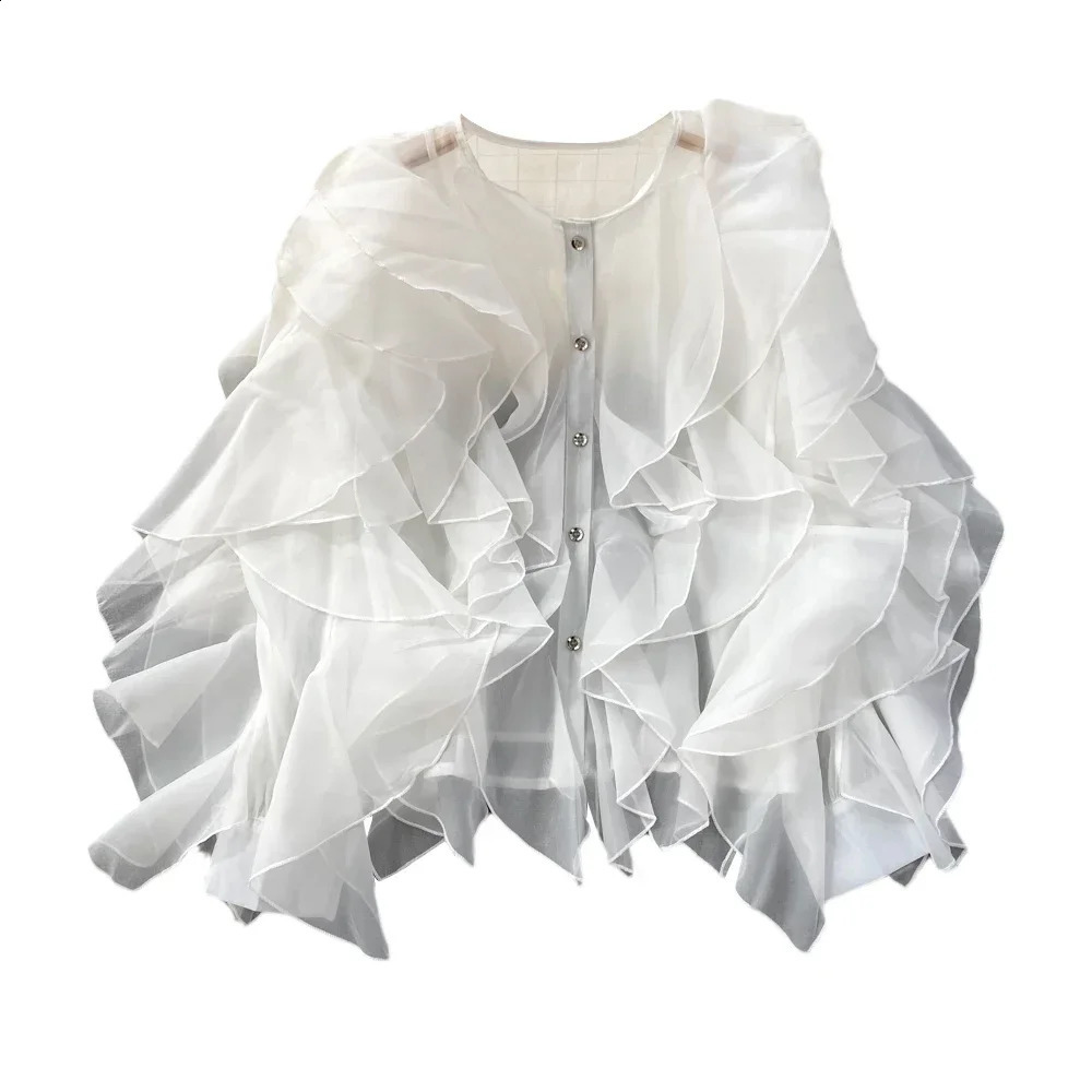 Autumn Blouse for Women Fashion O-neck Long Puff Sleeve Flounced Edge Shirts French Chic Versatile Female Tops Drop 240815