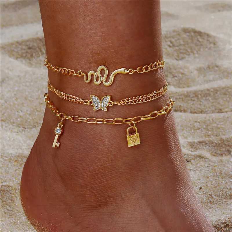 Bohemian zircon butterfly snake hollow pendant anklet womens summer beach gold multi-layer anklet bracelet womens leg chain W240815