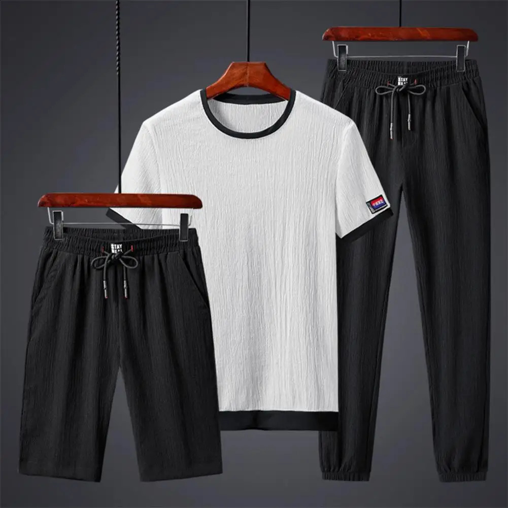 Mens 3 Piece Fashion Sports Suit Men T-shirt Shorts Trousers Ice Silk Gym Outfit Jogging Polyester Men Sportwear Set Streetwear 240821