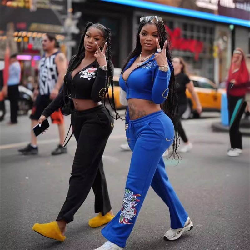 Women Tracksuits Two Pieces Set Designer New Trendy Street Skull Love Printed Basic Zipper Short Cardigan High Waist Straight Leg Pants Sportwear