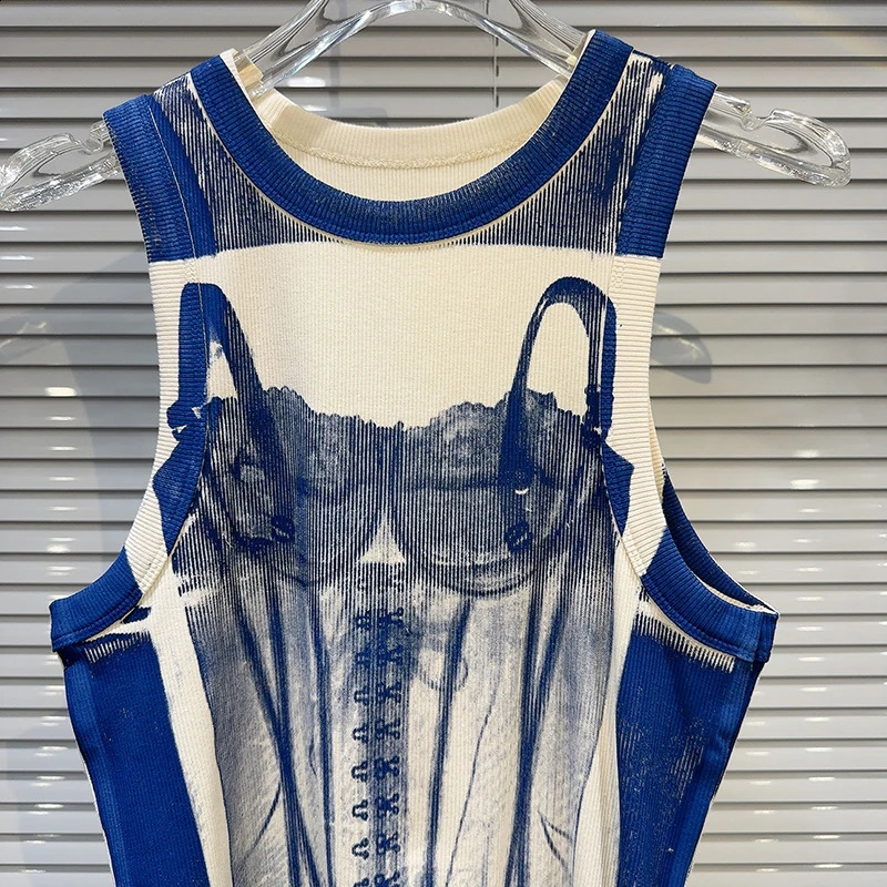 DEAT Lace Underwear Printed Pattern Sling Vest Womens 2024 Summer Elastic O-neck Vest 11X9355 240816