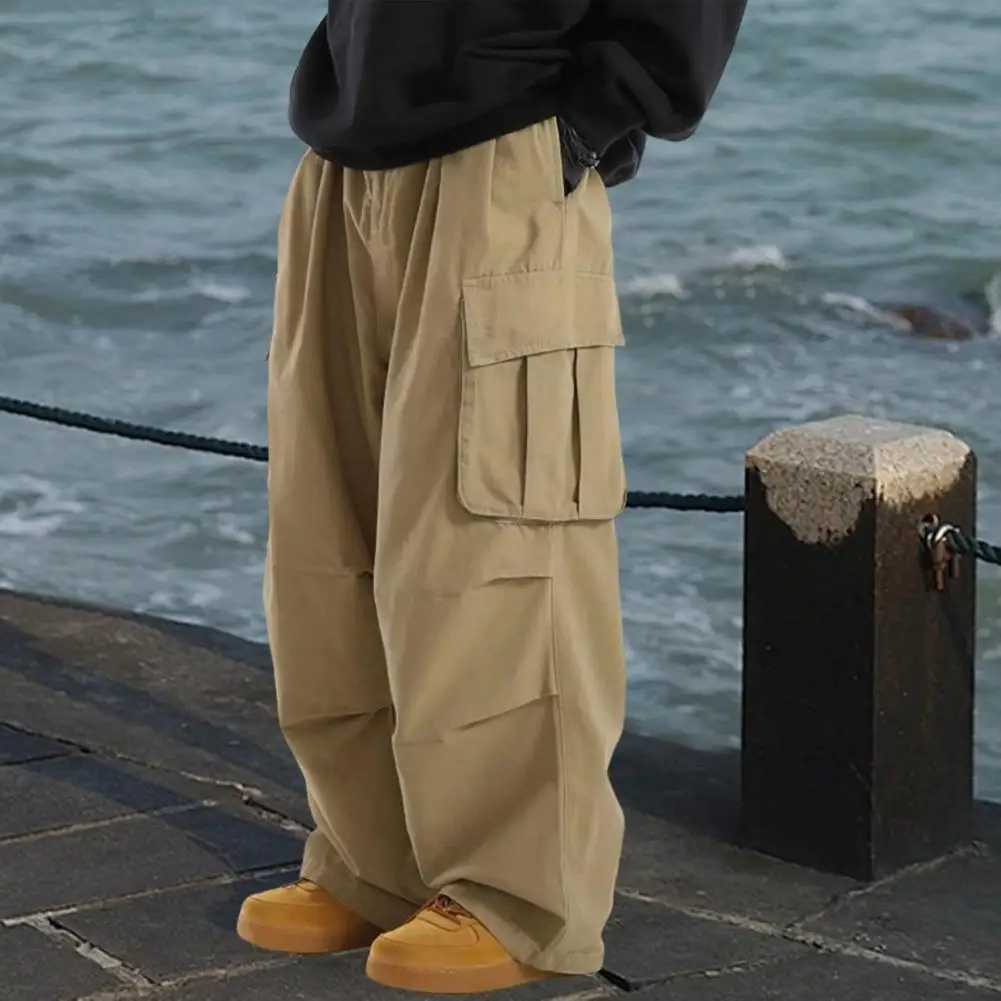 Solid Color Men Sweatpants Vintage Wide Leg Mens Cargo Pants with Multi Pockets Elastic Waist Hip Hop Streetwear Style OutdoorM240815
