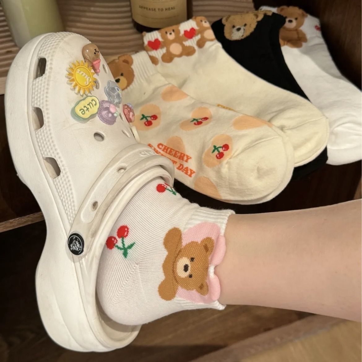Trendy Women's Short Sock Set - Soft Cotton, Perfect Fit, Featuring Sweet Cartoon Bears Ideal for Seasonal Layering