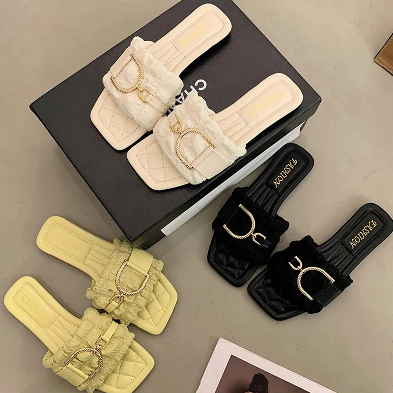 Summer Slippers Women Flat Crystal Design Outdoor Beach Flip ps Sandals Brand Slides Shoes Woman 2024 New Korean