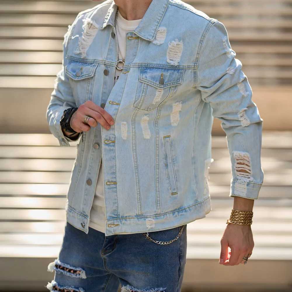 Autumn new mens streetwear fashion solid hole ultra-thin denim jacket high-quality mens casual jacket W241011