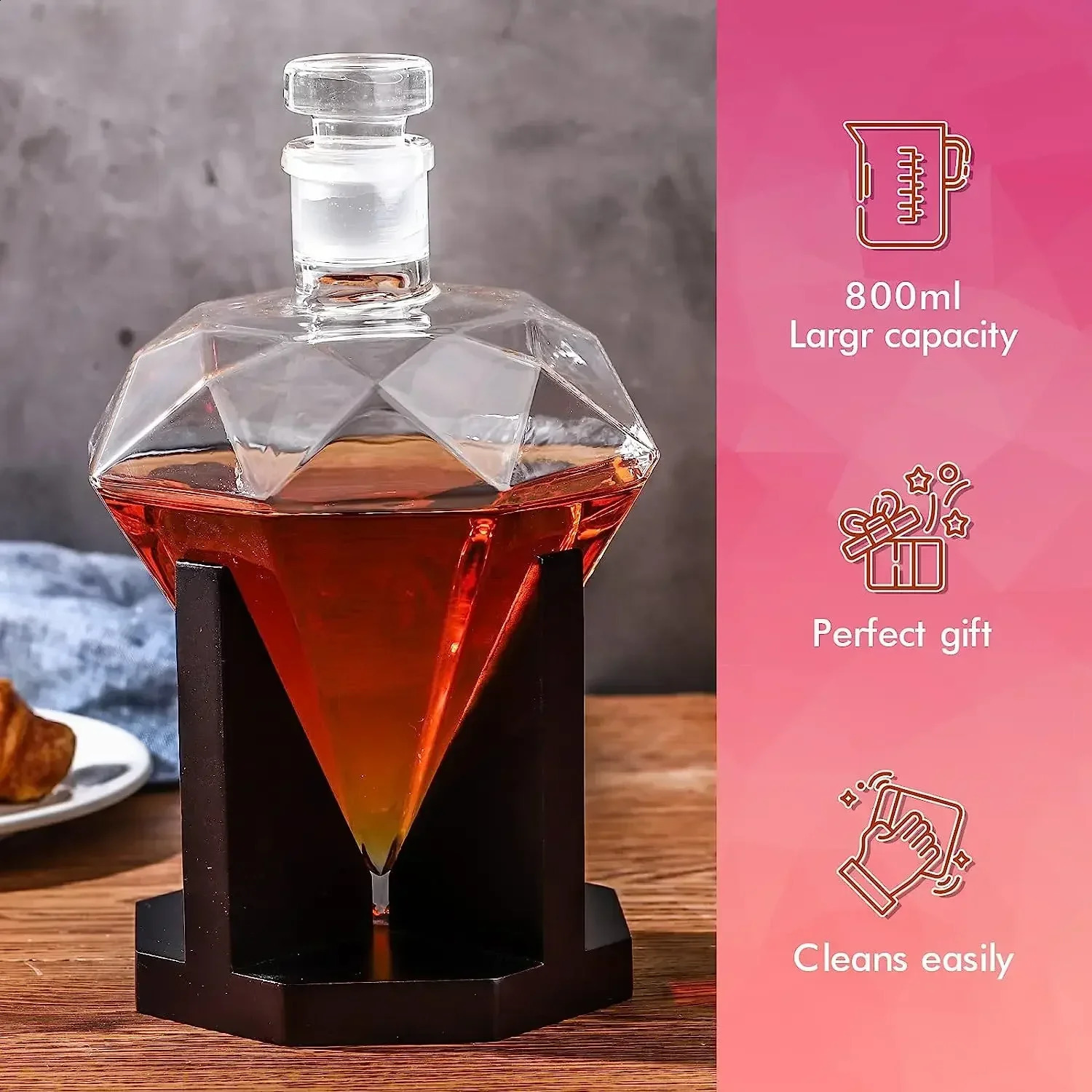 1000ml Whiskey Decanter glass diamond wine bottle with Holder Airtight Stopper Suitable for all kinds of alcohol Gift 240816