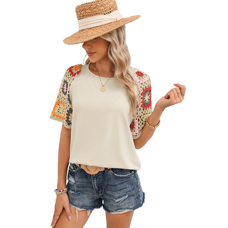 Shiying Spring New Hooded Round Neck T-shirt for Women's Casual Versatile Crochet Short Sleeve Top