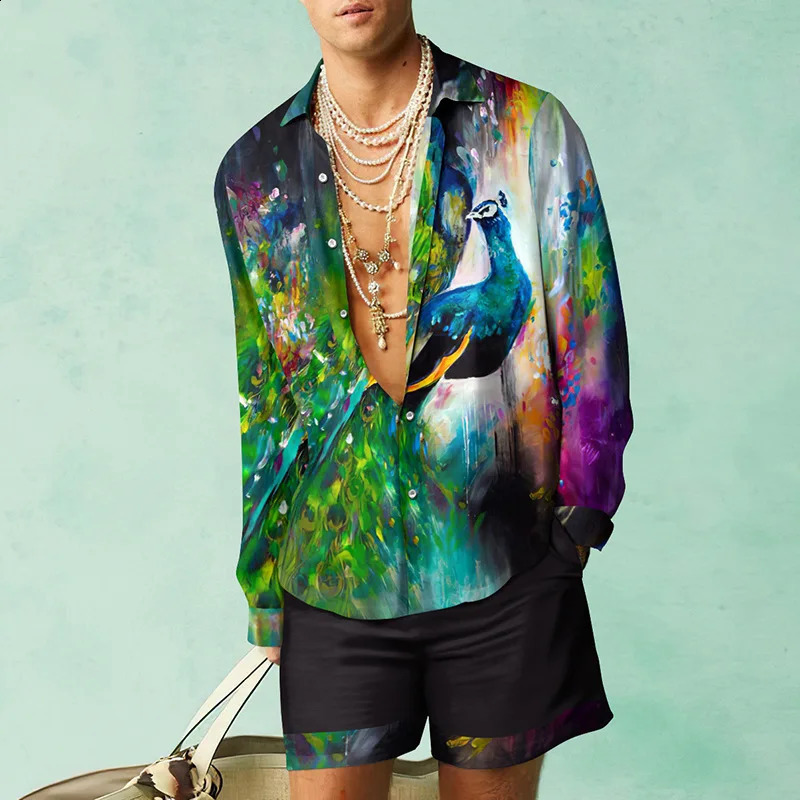 Peacock Pattern Shirt Set 3D Print Men Casual Fashion Long Sleeves Shirts Oversized Beach Shorts Summer Streetwear Suits Clothes 240816